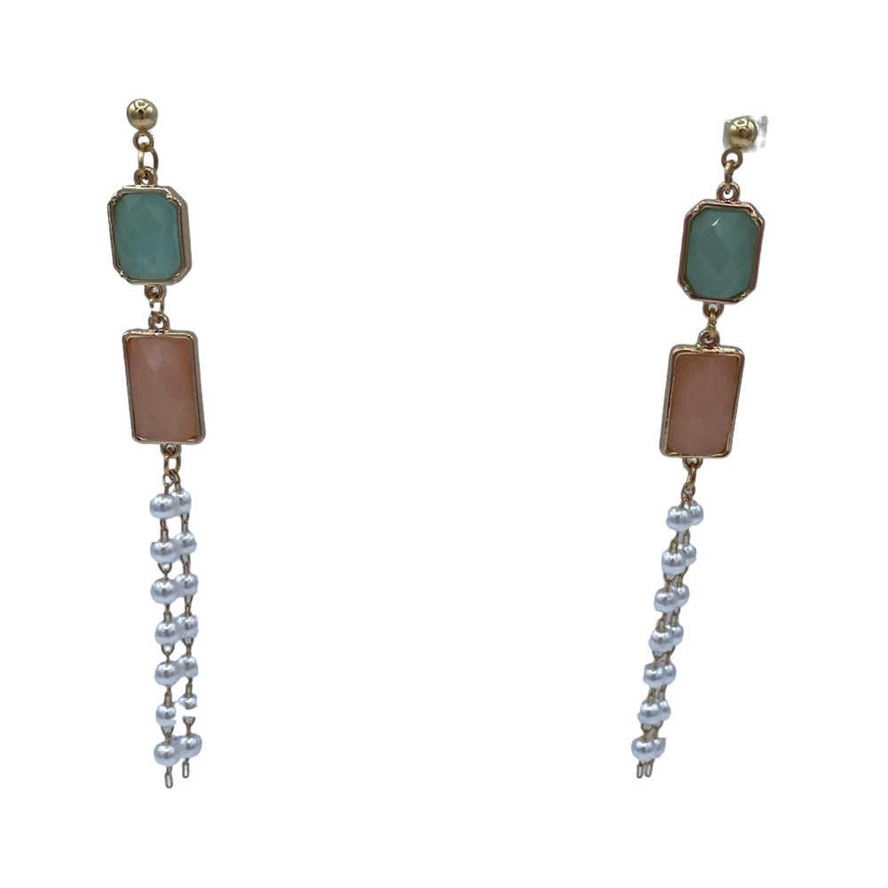 ✨ NWOT gold tone drop long earrings w glass and faux pearls pink aqua